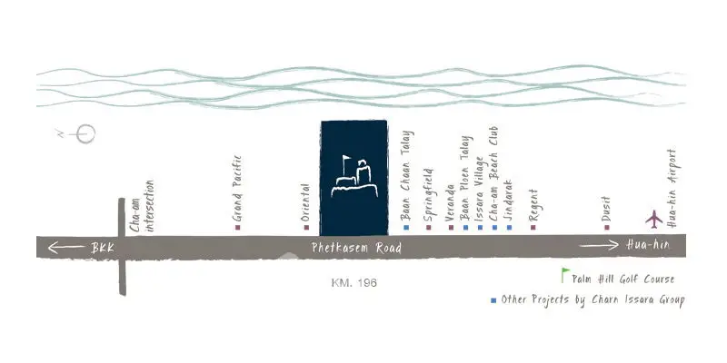 Map showing location of Palm Hill Golf Course on Phetkasem Road near Hua Hin Airport.