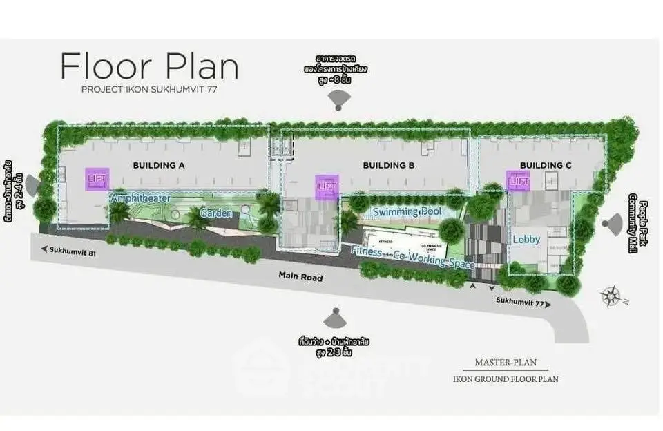 Master floor plan of Ikon Sukhumvit 77 showcasing buildings, amenities, and layout.