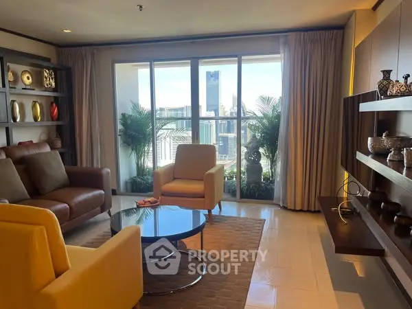 Luxurious living room with stunning city view and modern decor