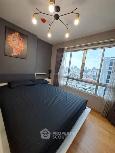 Modern bedroom with city view and stylish decor