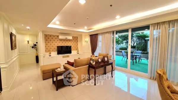Luxurious living room with elegant decor and garden view