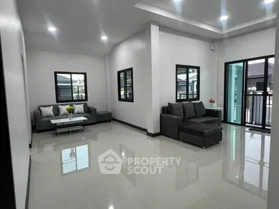 Spacious modern living room with sleek sofas and large windows