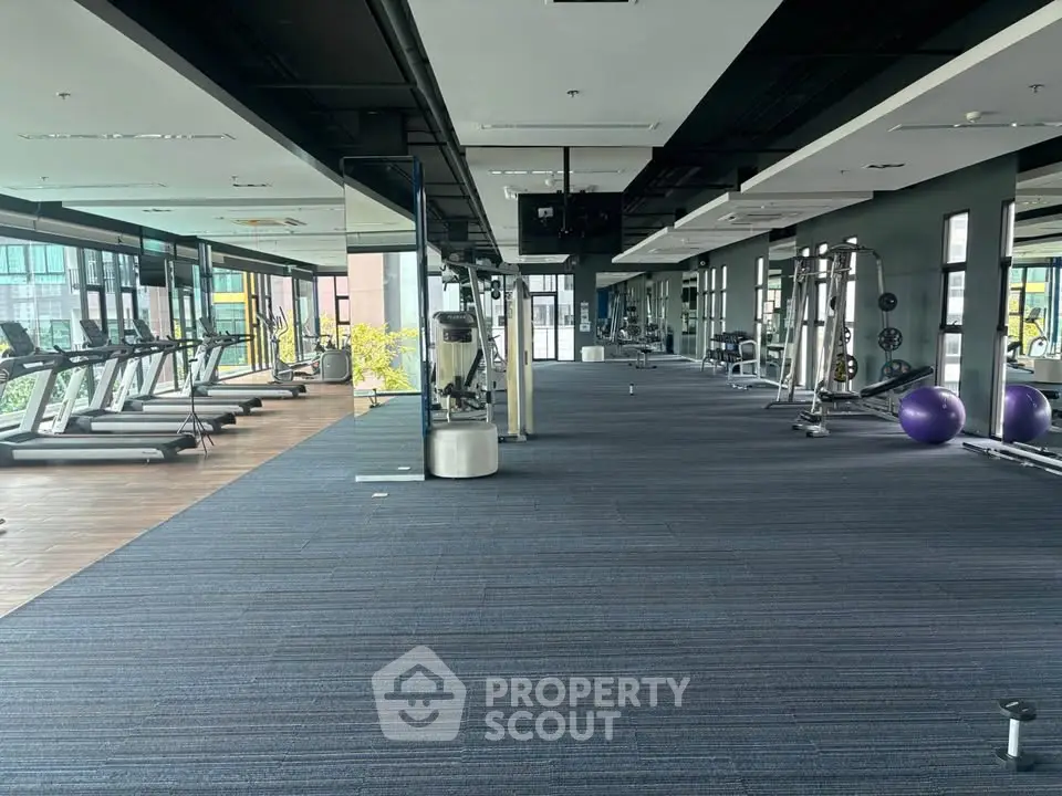 Spacious modern gym with state-of-the-art equipment and large windows offering natural light.