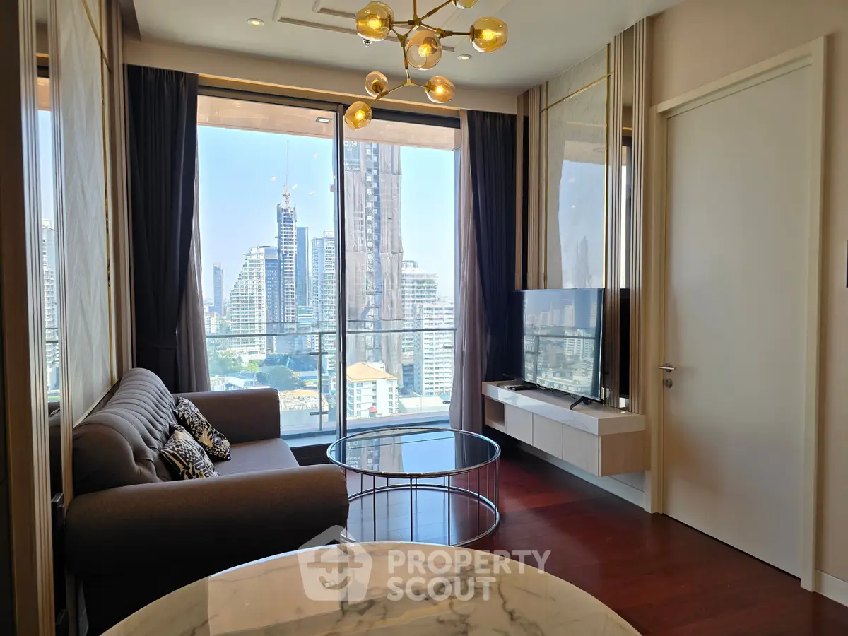 Luxurious living room with stunning city view, modern decor, and elegant lighting in high-rise apartment.