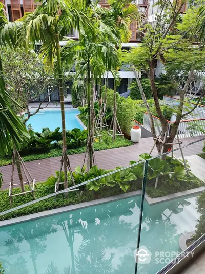 Luxurious garden view with pool in modern residential complex