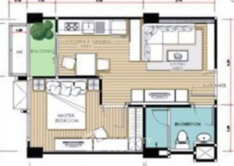 Modern apartment floor plan with spacious living area and balcony.