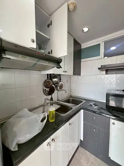 Compact kitchen with dual sinks, modern cabinetry, and built-in stove in a cozy apartment.