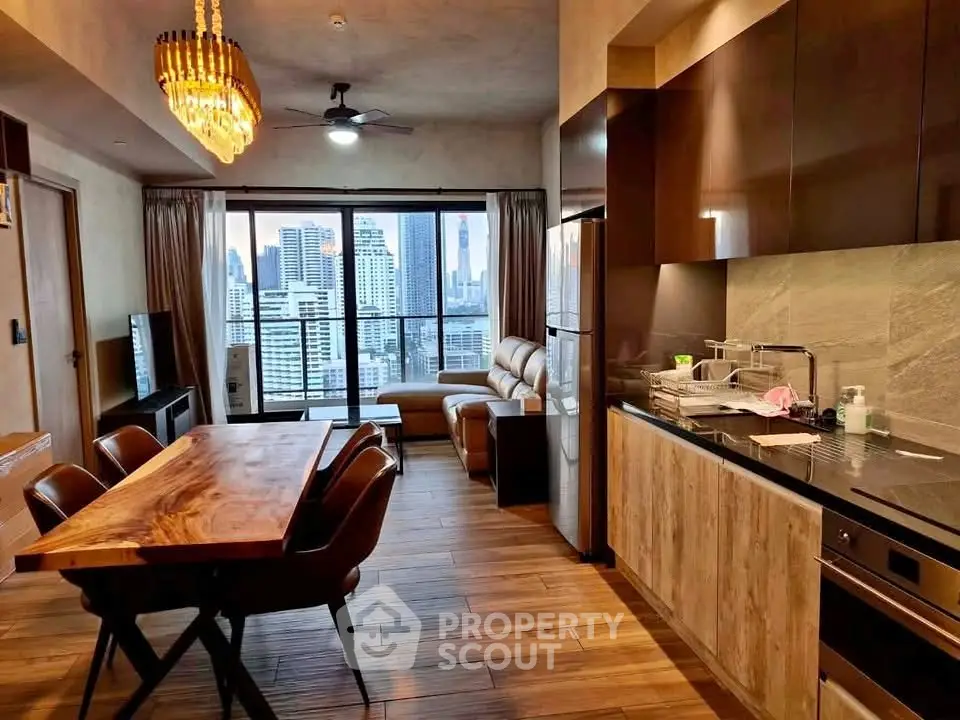 Luxurious modern living room with city view, elegant dining area, and sleek kitchen in open layout apartment.