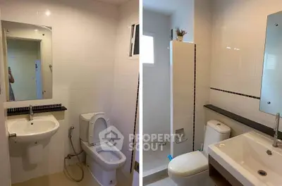 Modern bathroom with sleek fixtures and neutral tiles