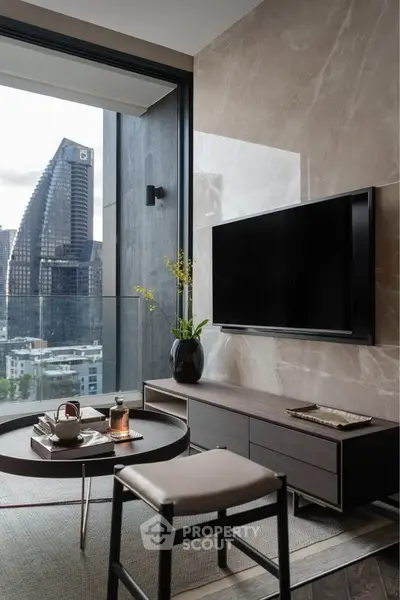 Modern living room with city view, sleek furniture, and wall-mounted TV