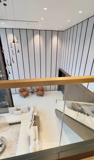 Luxurious modern living room with high ceilings and elegant decor