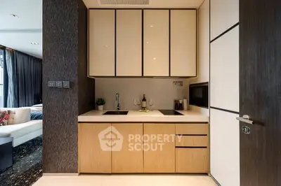 Modern compact kitchen with sleek cabinetry and integrated appliances