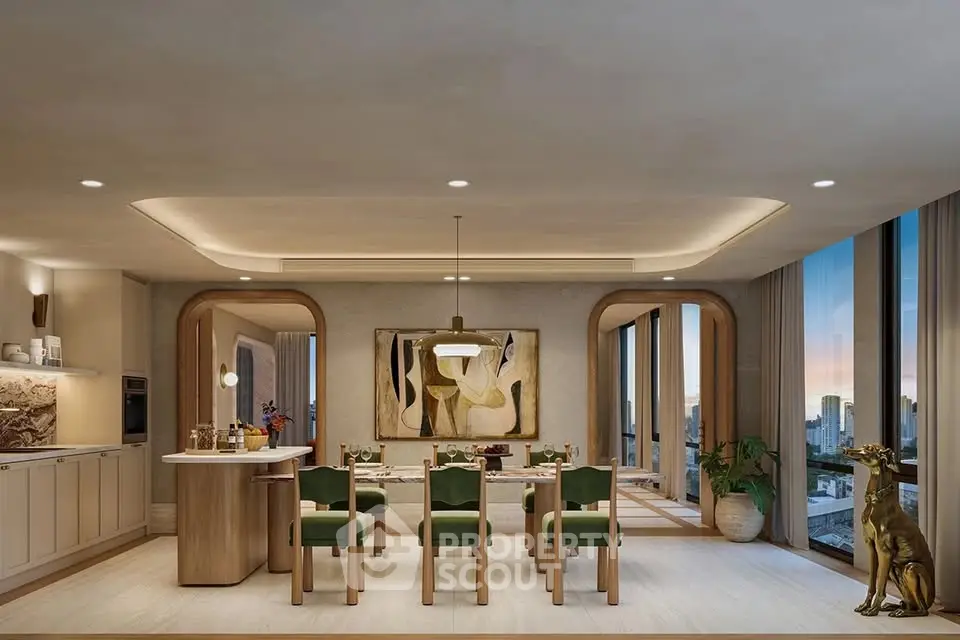 Luxurious open-plan dining area with modern decor and stunning city views, perfect for elegant entertaining.