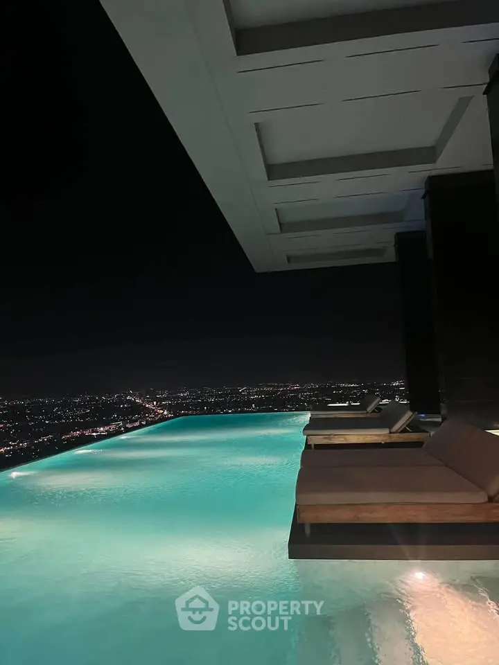 Luxurious rooftop infinity pool with stunning city skyline view at night