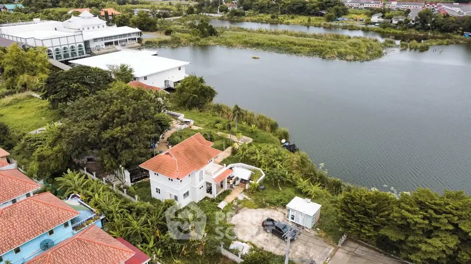 Scenic aerial view of lakeside property with lush greenery and charming architecture.