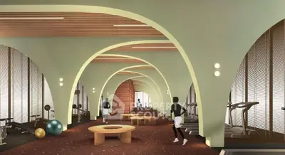 Luxurious modern gym with elegant arches and state-of-the-art equipment in upscale residential complex.