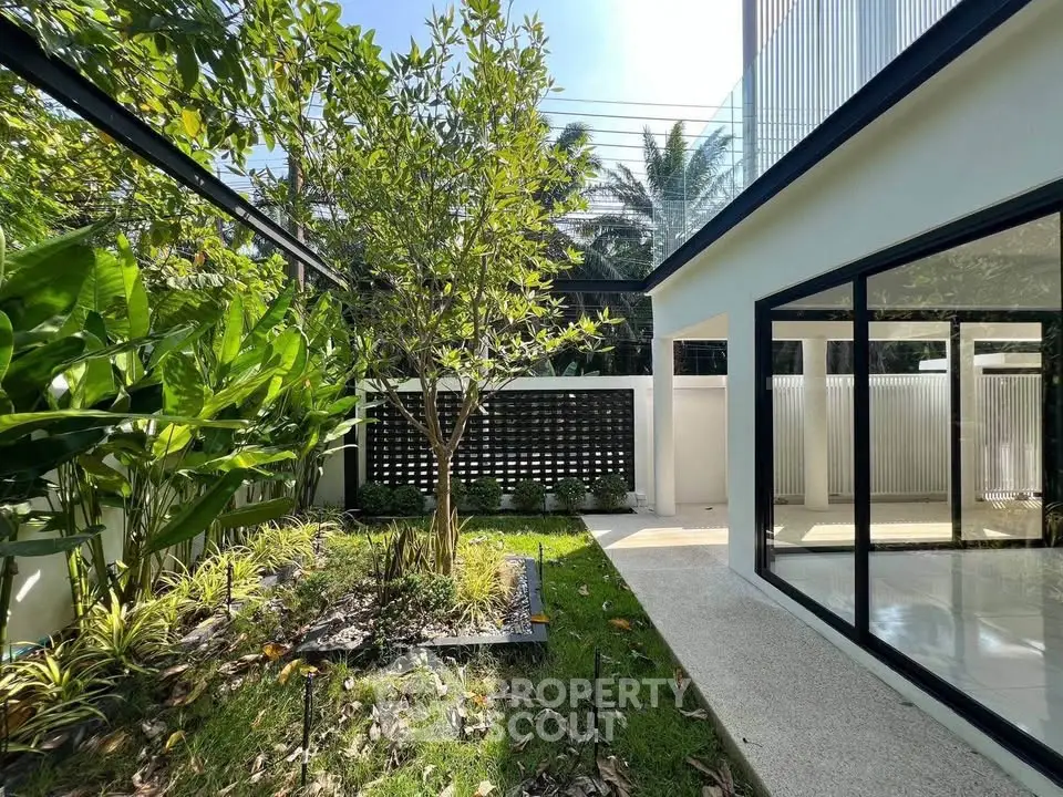 Modern garden with lush greenery and sleek architecture