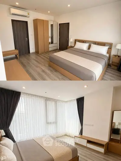 Spacious modern bedroom with elegant decor and natural light