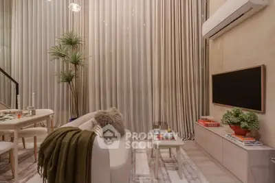 Modern living room with elegant decor, cozy seating, and stylish air conditioning unit.