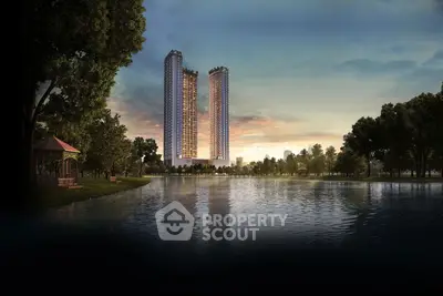 Stunning high-rise towers with serene lake view at sunset, perfect for luxury living.