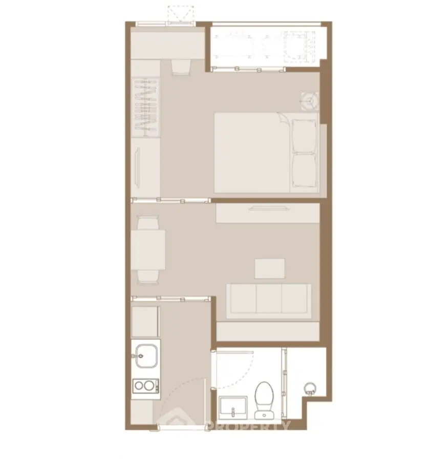 Modern apartment floor plan with open layout and efficient space utilization.