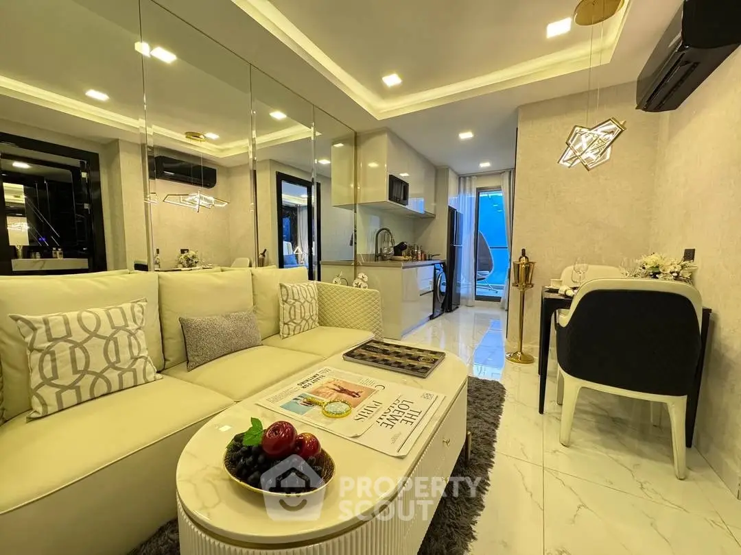 Luxurious modern living room with open kitchen and elegant decor