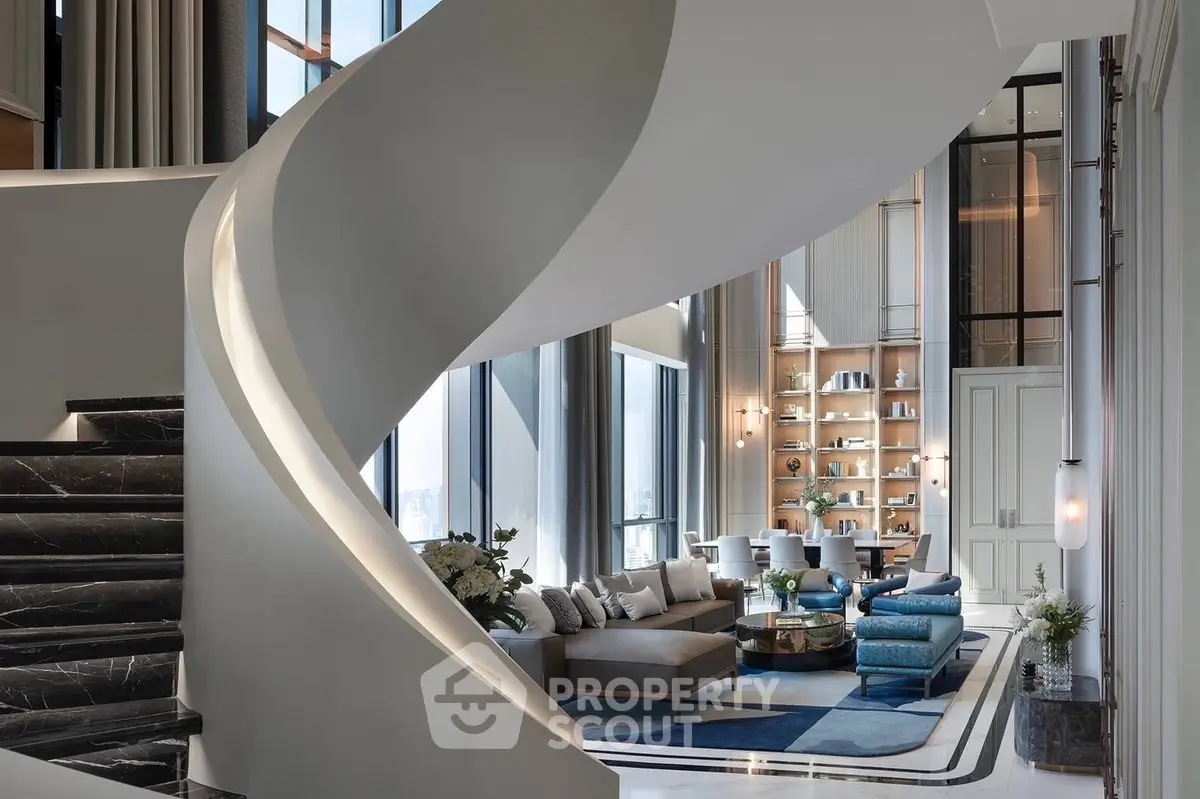 Luxurious modern living room with elegant spiral staircase and panoramic windows