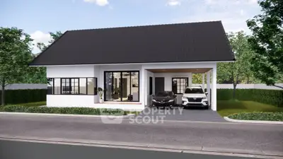 Modern single-story house with sleek design and spacious driveway in a serene neighborhood.
