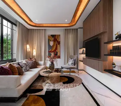 Luxurious modern living room with elegant decor and large windows