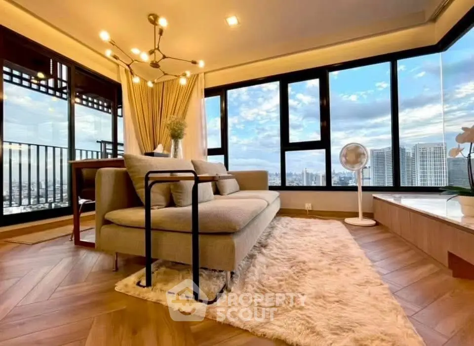 Luxurious living room with stunning city view and modern decor