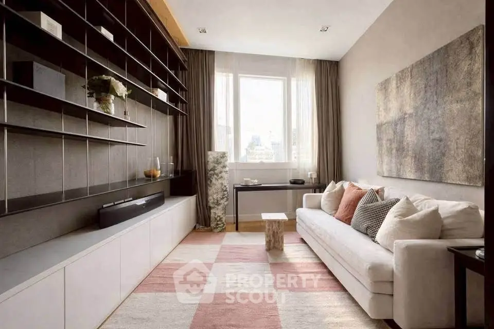 Stylish modern living room with elegant shelving and cozy seating area.