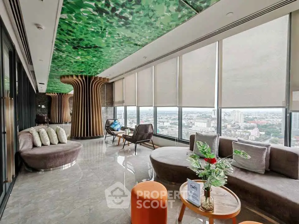 Luxurious high-rise lounge with panoramic city views and modern decor