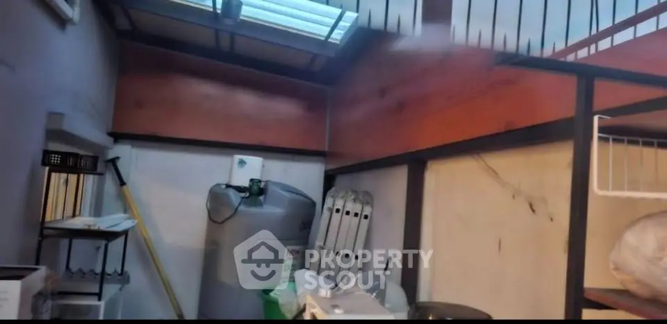 Spacious storage area with skylight and organized shelving