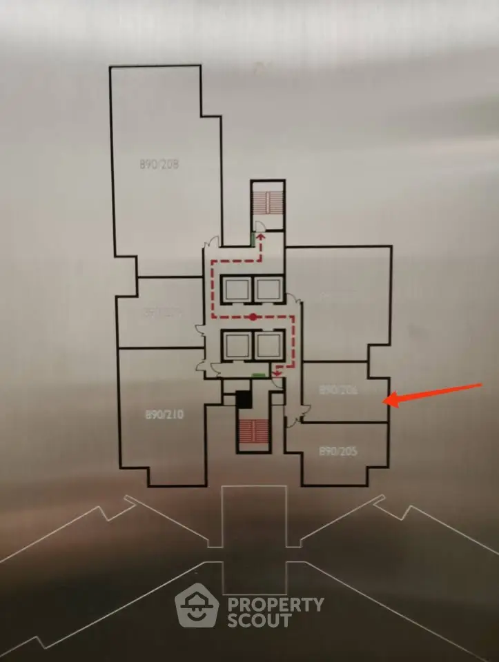 Detailed floor plan layout with unit numbers and emergency exit routes.