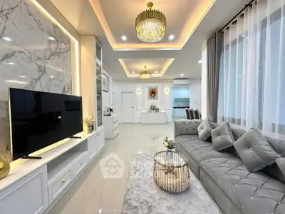 Luxurious modern living room with elegant decor and spacious layout