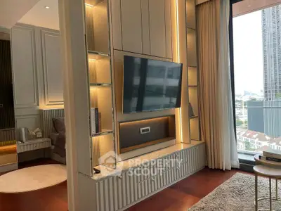 Luxurious modern living room with built-in TV unit and city view balcony, perfect for urban living.