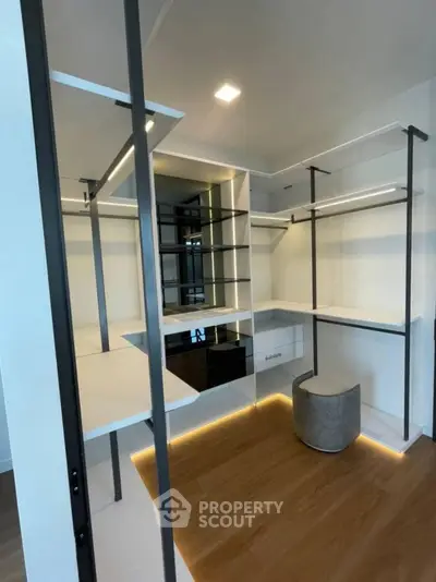 Spacious modern walk-in closet with sleek shelving and seating