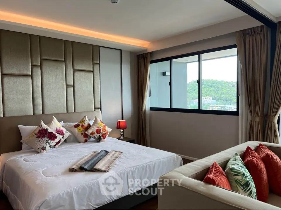 Luxurious bedroom with scenic view and elegant decor in modern apartment
