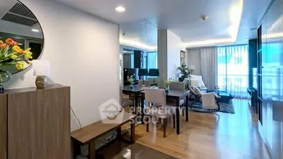 Modern living room with elegant dining area and stylish decor