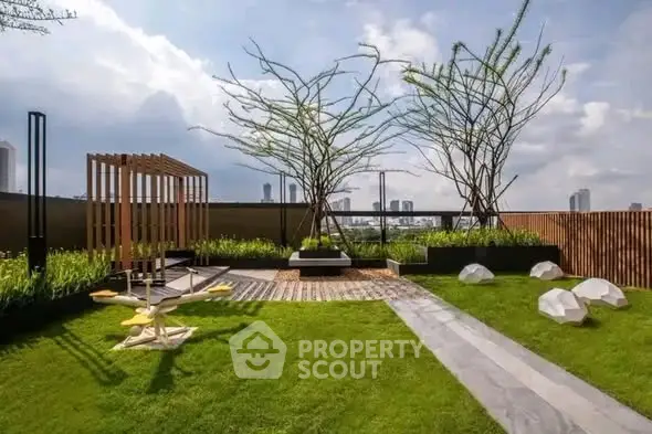Stunning rooftop garden with modern landscaping and city skyline views.