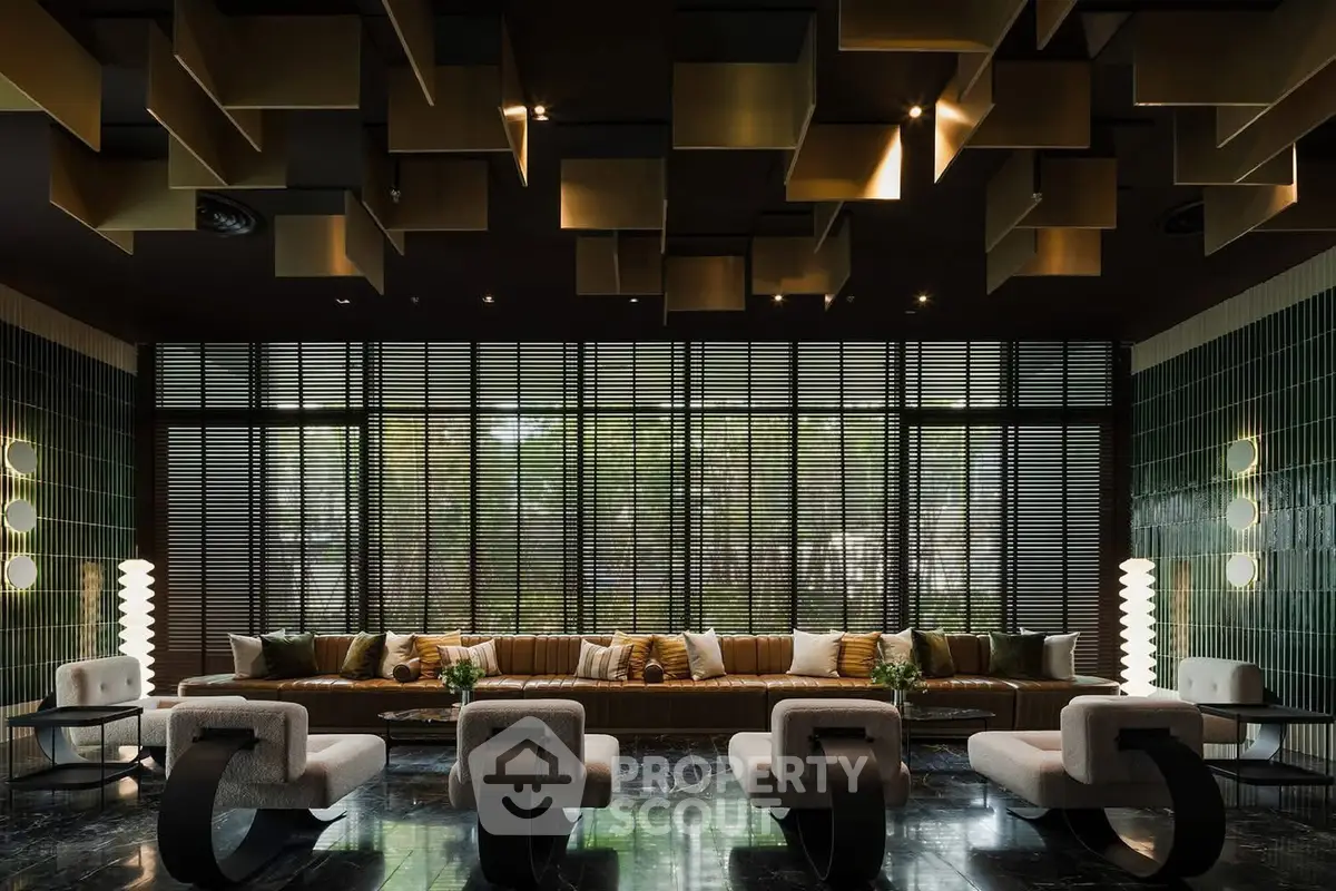 Luxurious modern living room with stylish seating and unique ceiling design