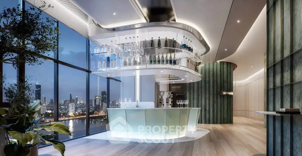 Luxurious modern living room with stunning city view and elegant bar setup.