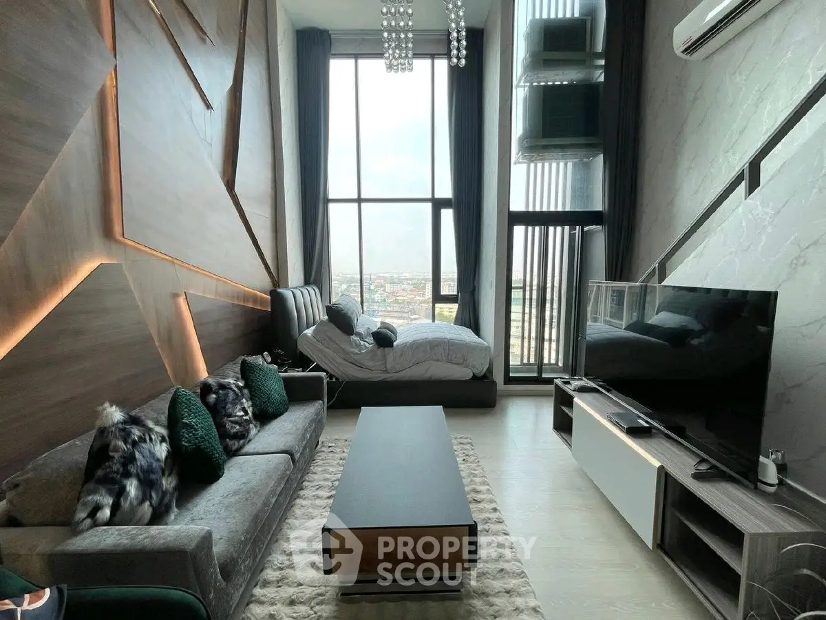 Luxurious modern living room with high ceilings and large windows offering stunning city views.
