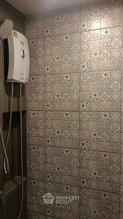 Charming bathroom with intricate tile design and modern shower heater.