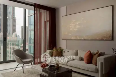 Luxurious living room with modern decor and stunning city view from large windows.