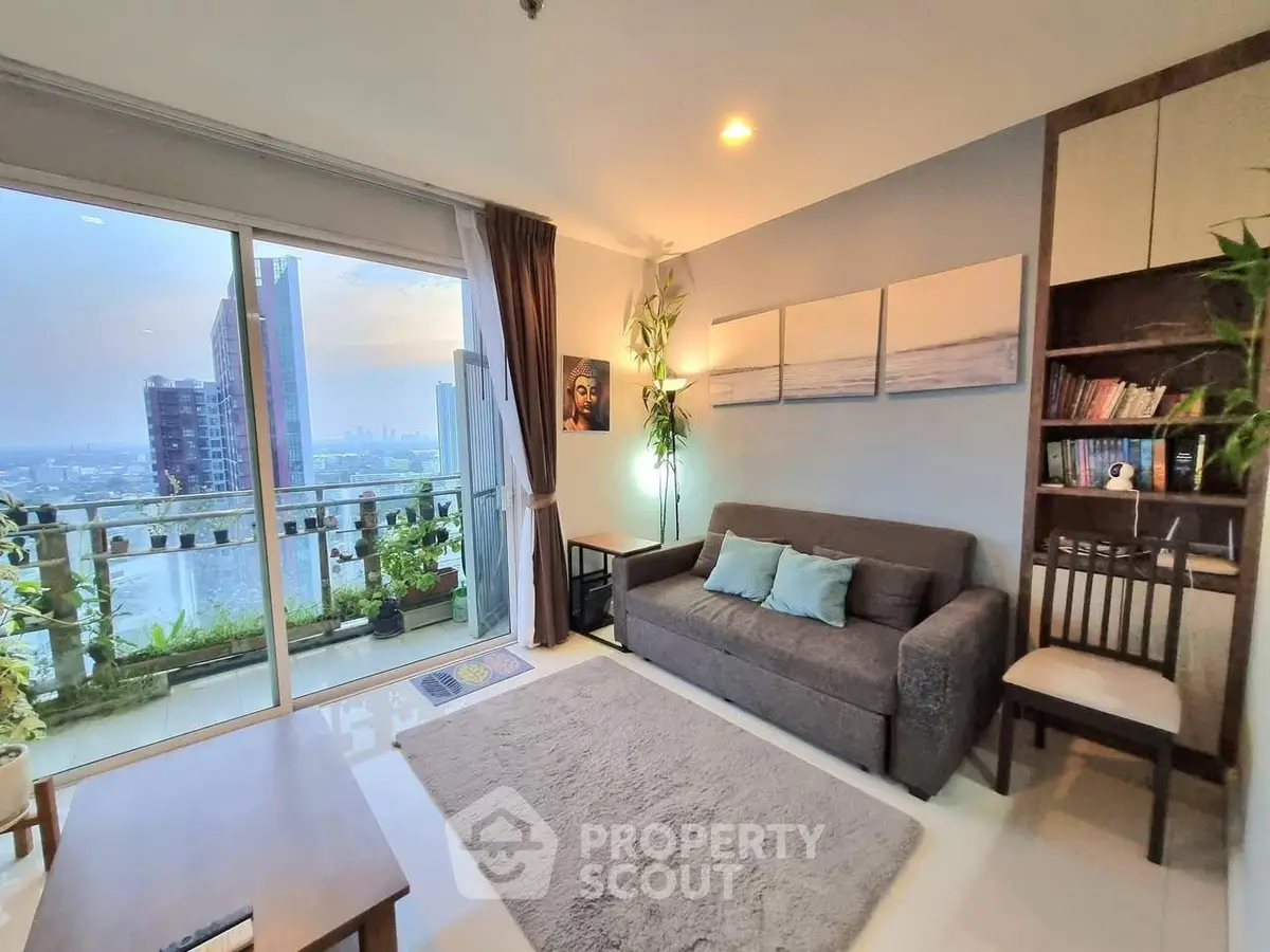 Modern living room with city view and balcony access, featuring cozy seating and stylish decor.