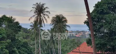 Stunning ocean view from a tropical property with lush greenery and palm trees.