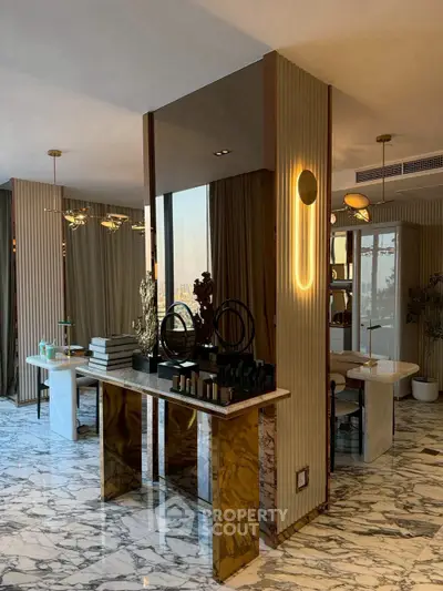 Luxurious modern living room with marble flooring and elegant decor