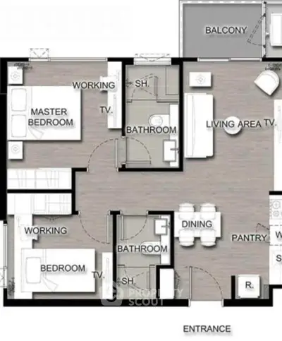 Modern apartment floor plan with two bedrooms, two bathrooms, and spacious living area with balcony.
