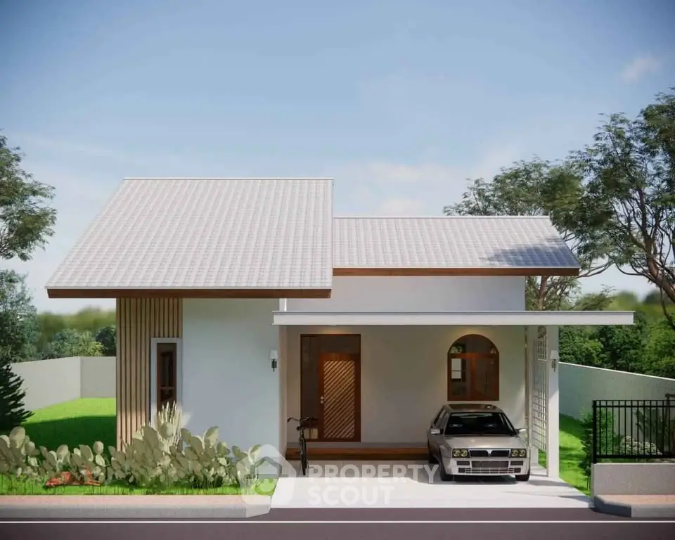 Charming modern house with carport and lush garden in serene neighborhood.